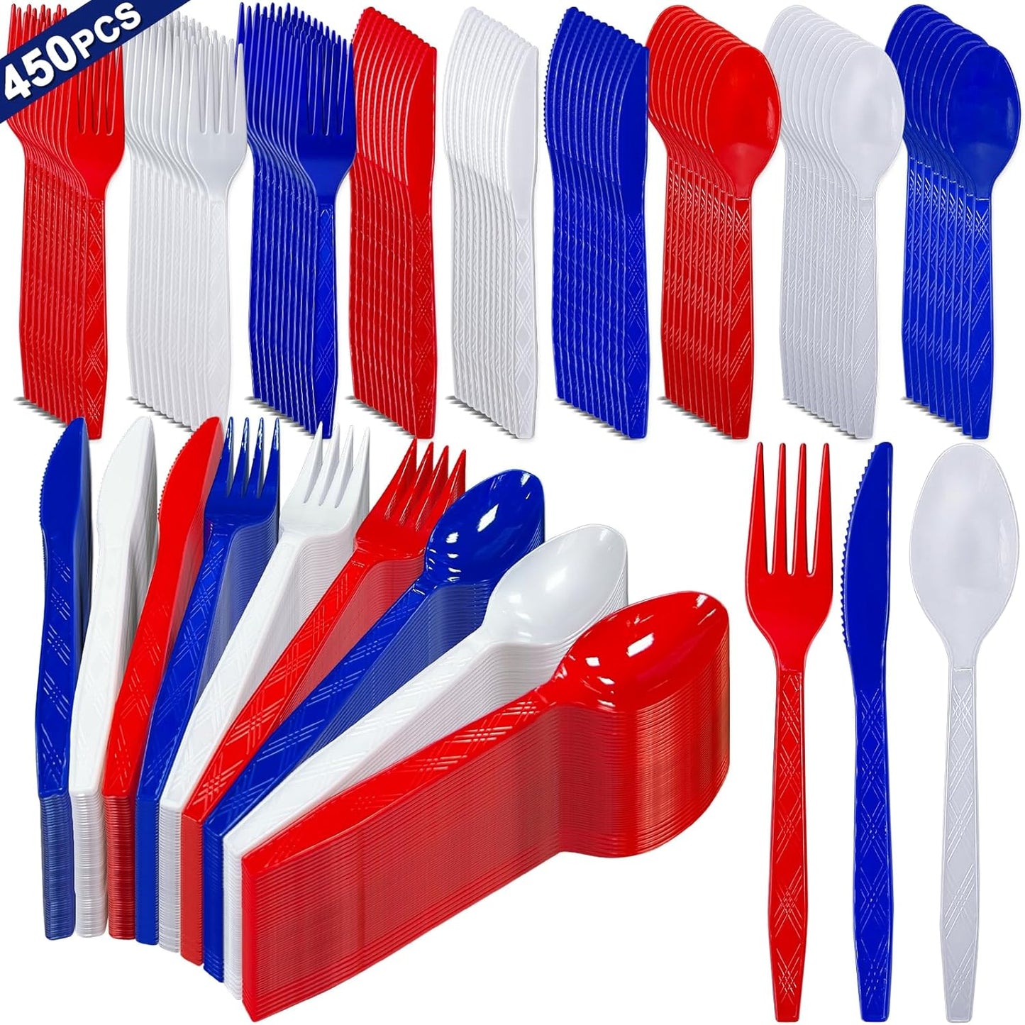 Patriotic American Flag Party Supplies - 450 Pcs Disposable Cutlery Set | 150 Spoons, 150 Forks, 150 Knives in Red, White & Blue