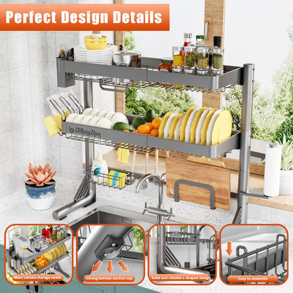 ZDRongZhen Over The Sink Dish Drying Rack,3 tier Full 304 Stainless Steel dish Drainer rack,Adjustable Length (22.8''~35.04'') Kitchen Storage Counter with Cup Hanging Set and Hook (Dark grey-3Tier)