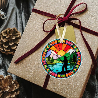 Fishing Ornament for Christmas Tree - Fisherman Acrylic Gift 3.23" with Gold Ribbon (Variation: 08 Fishing)