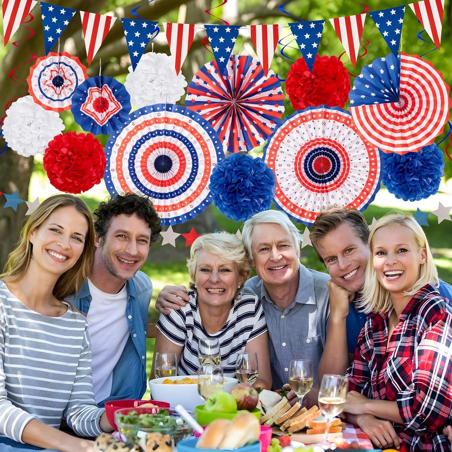 Red White Blue 29PCS Fourth of July Decorations Set | USA Flag Pennant, Paper Fans & Pom Poms