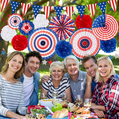 Red White Blue 29PCS Fourth of July Decorations Set | USA Flag Pennant, Paper Fans & Pom Poms