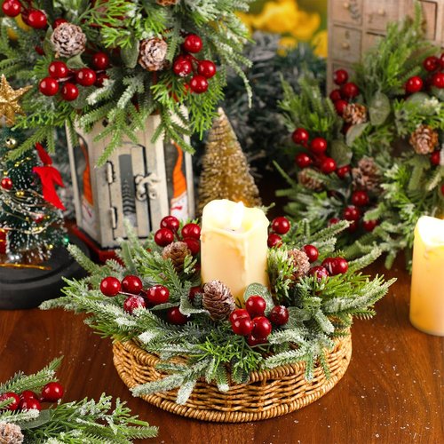 Lyrow Christmas Candle Rings - 6 Pcs Mini Wreaths with Artificial Berries & Snowy Pine | Holiday Decor