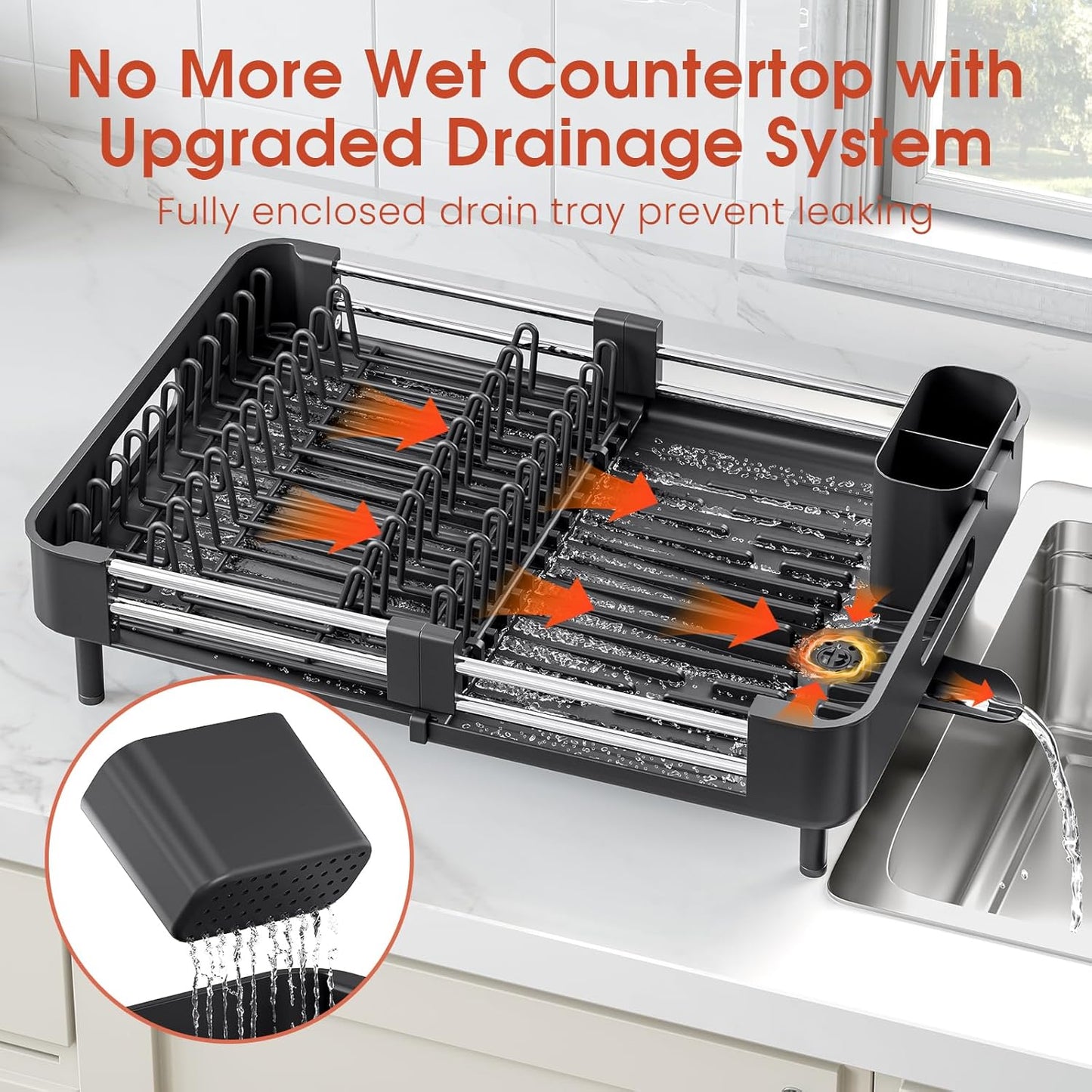 TOOLF Dish Drying Rack - Expandable Kitchen Counter Rack with Drainboard & Cutlery Holder | Black