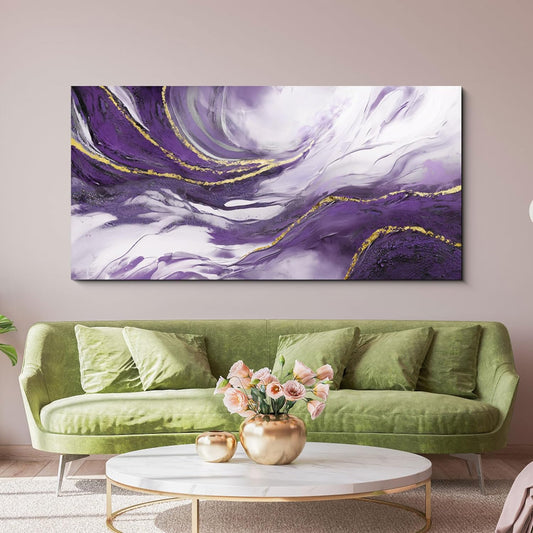 Yiijeah Large Canvas Wall Art - Purple and Gold Abstract Design for Living Room | Modern Framed Decor