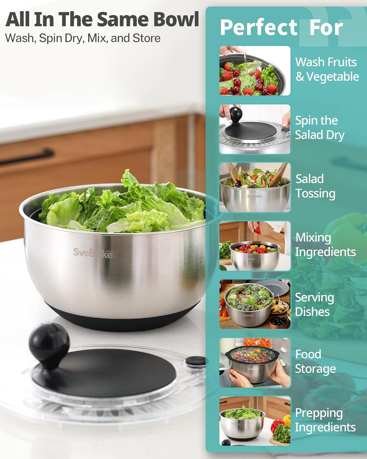 Skiennix Stainless Steel Salad Spinner - 4-in-1 Multi-Functional Lettuce Washer | 5.3 Qt, BPA-Free, Easy Clean