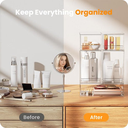 A-LuGei 【𝟰𝗣𝗖𝗦】 Acrylic Stackable Storage Drawers, 7.5" L Makeup Organizer, Bathroom Organizer and Storage, Plastic Storage Bins for Kitchen Cabinet Pantry Medicine Fridge