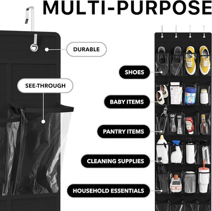 Simple Houseware 24-Pocket Over The Door Hanging Shoe Organizer - Crystal Clear, Black (64" x 19")