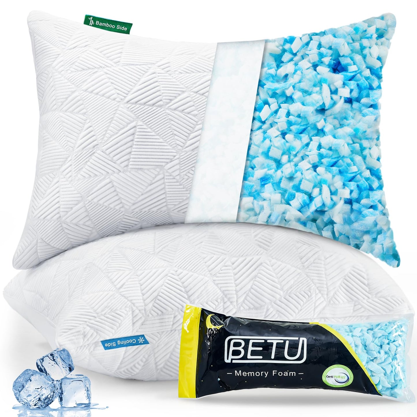 BETU Cooling Pillows King Size Set of 2, Shredded Memory Foam Pillows for Hot Sleepers, Adjustable Firm Bed Pillows, Hotel Collection Side Sleeper Pillow for Back Pain, Neck, White, 20”x36”