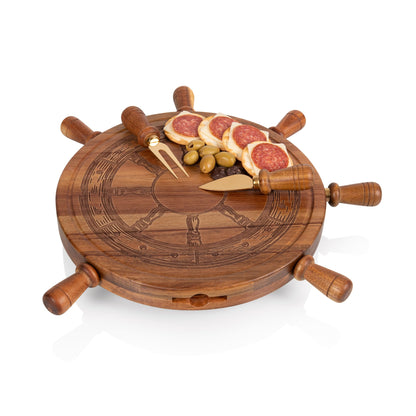 PICNIC TIME Helmsman Lazy Susan Cheese Board and Tool Set, Charcuterie Board Set, Wood Cutting Board with Cheese Knives, (Acacia and Gold)