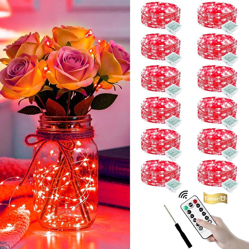 Red Fairy Lights 12 Pack with Remote & Timer - 7ft Silver Wire, IP65 Battery Operated