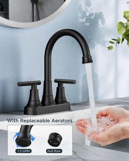 FORIOUS Matte Black Bathroom Faucet - 4-Inch Centerset Design with Pop-Up Drain & 360° Spout