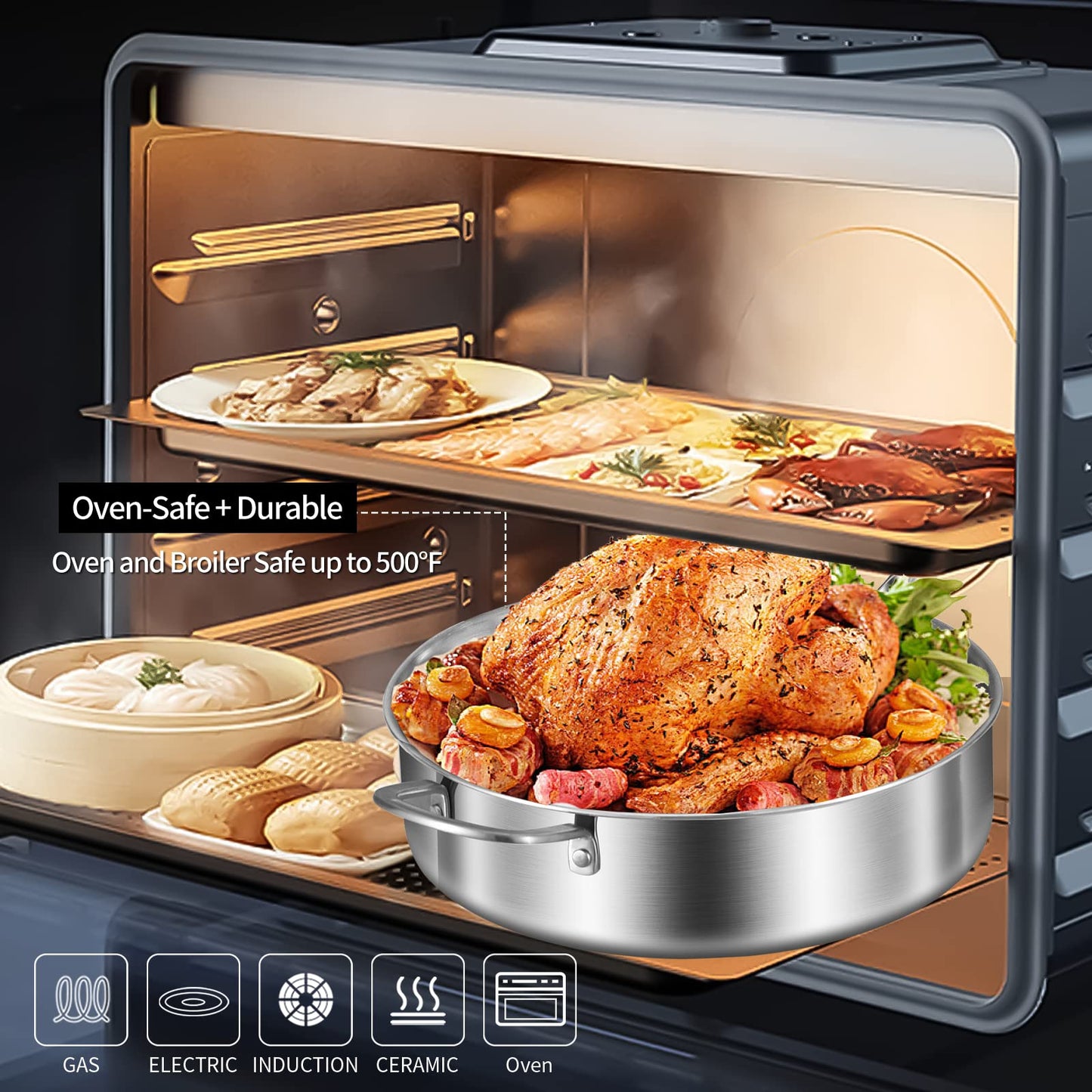 LOLYKITCH 6 QT Tri-Ply Stainless Steel Sauté Pan with Lid,Deep Frying Pan,Large Skillet,Jumbo Cooker,Induction Cooking Pan,Oven Safe and Detachable Handle.