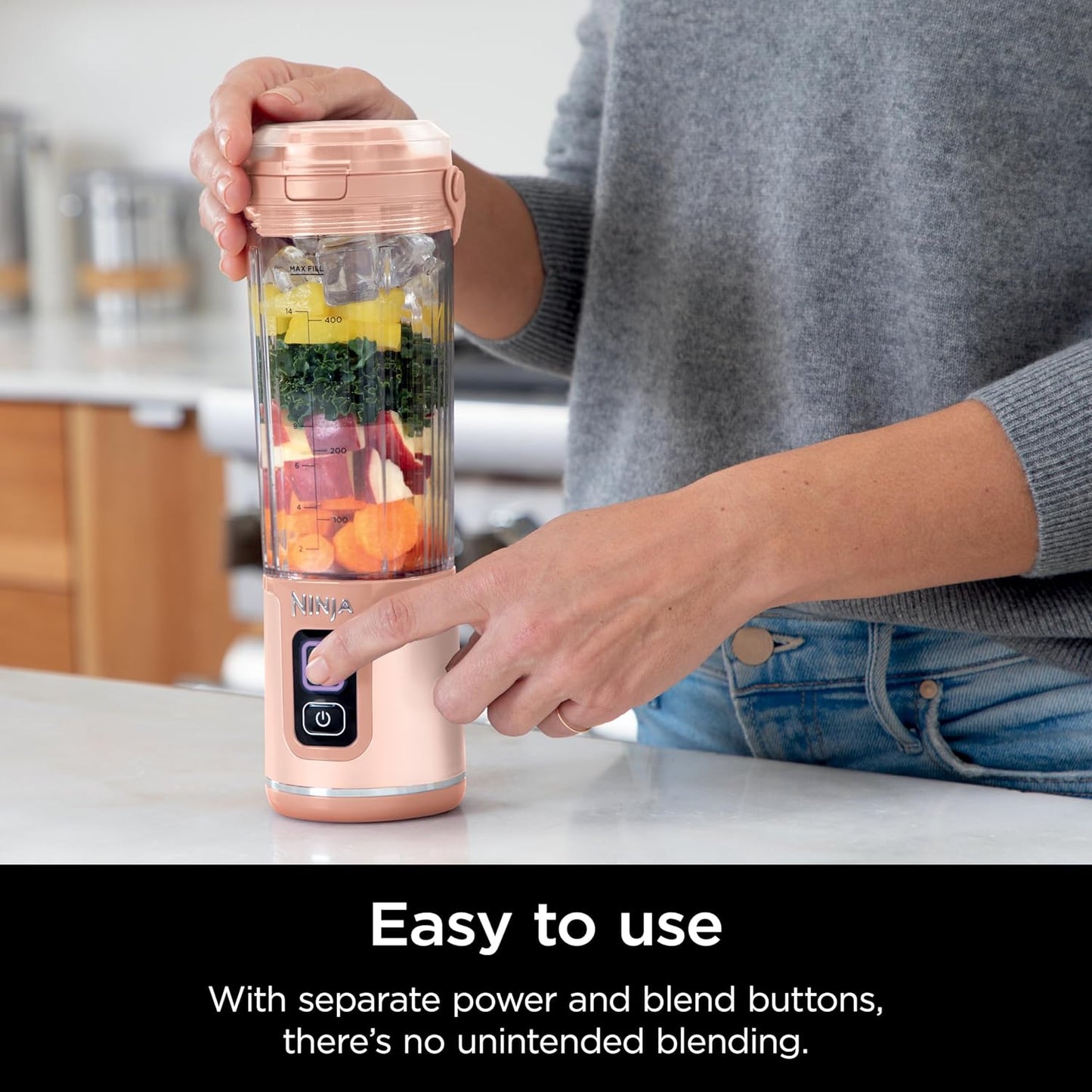 Ninja BC155PS Portable Blender - Cordless Personal Blender for Shakes & Smoothies | 18oz, BPA Free, Rechargeable, Leakproof Lid, Peach & Stone
