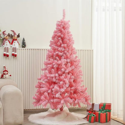 Juegoal 6 FT Artificial Christmas Tree - Spruce Hinged Design with 300 LED Warm White Lights | 8 Lighting Modes, Pink