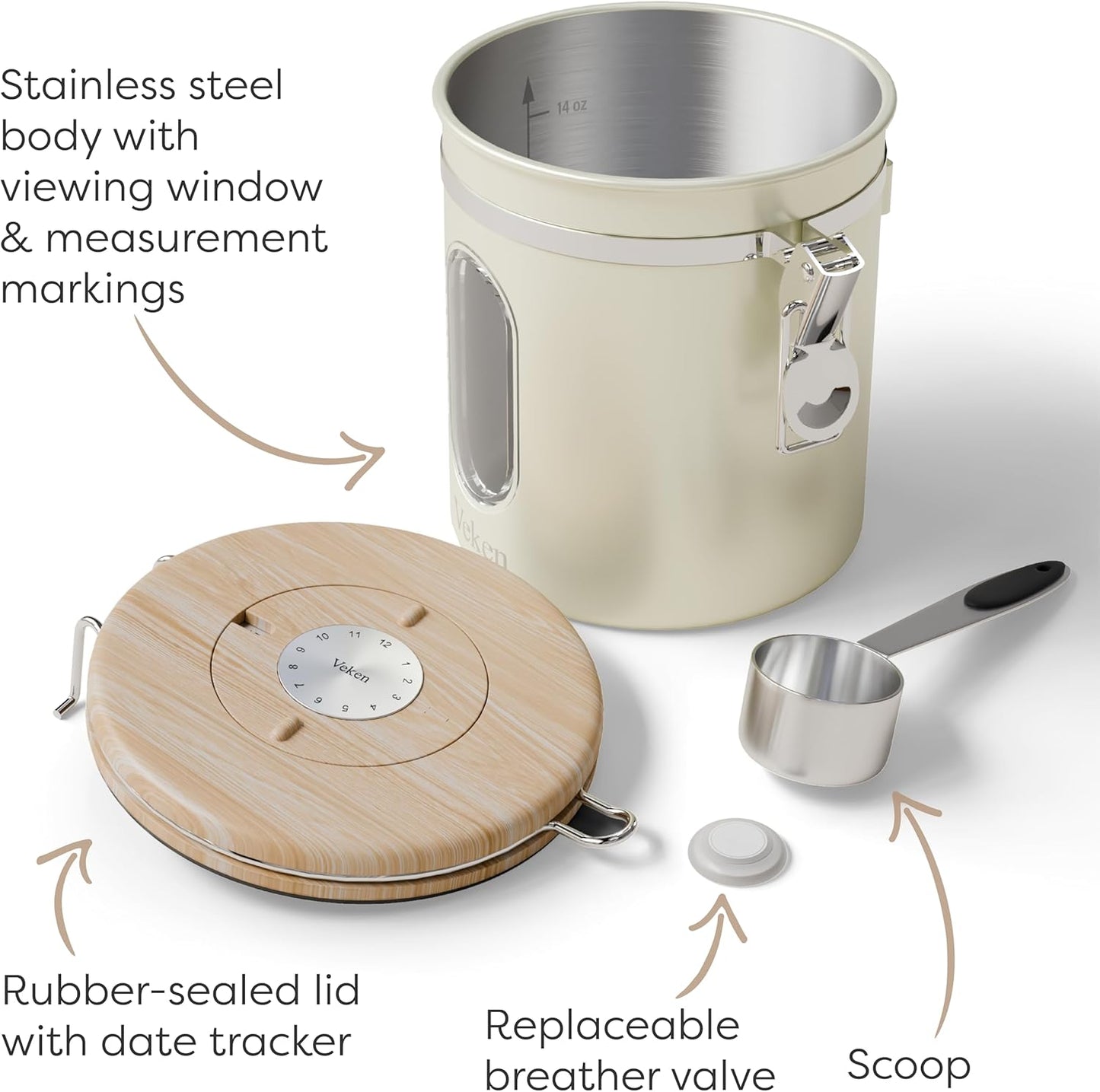 Veken Coffee Canister - Airtight Stainless Steel Food Storage with Window & Date Tracker | 16oz Cream