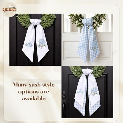 Regine Switzerland Monogram Wreath Sash Bow - Adjustable Farmhouse Door Decor | Hydrangea Design