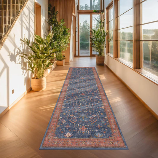 Regine Switzerland Washable 10 ft Long Hallway Runner Rug - Navy Blue, Pet-Friendly & Non-Slip Design