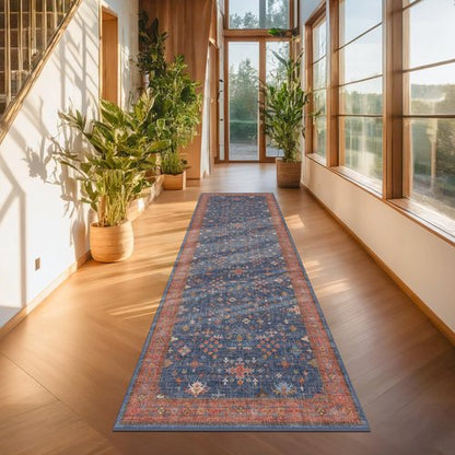 Hazo Haus Washable 3x8 Long Runner for Wide Kitchen Floor - Navy Blue 8ft Hallway Runner Rug, Pet Friendly Waterproof Non Slip with Rubber Backing, Stain Resistant Area Rug