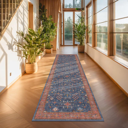 Washable 10 ft Long Runner for Hallway - Navy Blue Kitchen Floor Runner Rug, Pet Friendly Waterproof Non Slip with Rubber Backing, Stain Resistant Laundry Room Rug (3x10 Navy Blue & Terracotta)