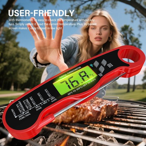 AWLKIM Digital Meat Thermometer - Instant Read Waterproof Kitchen & Grill Thermometer | Red with Backlight