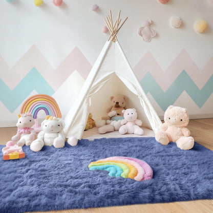 OLANLY Area Rugs - Soft Fluffy Shaggy Indoor Carpet for Living Room & Bedroom | 4x5.9 ft Denim Blue
