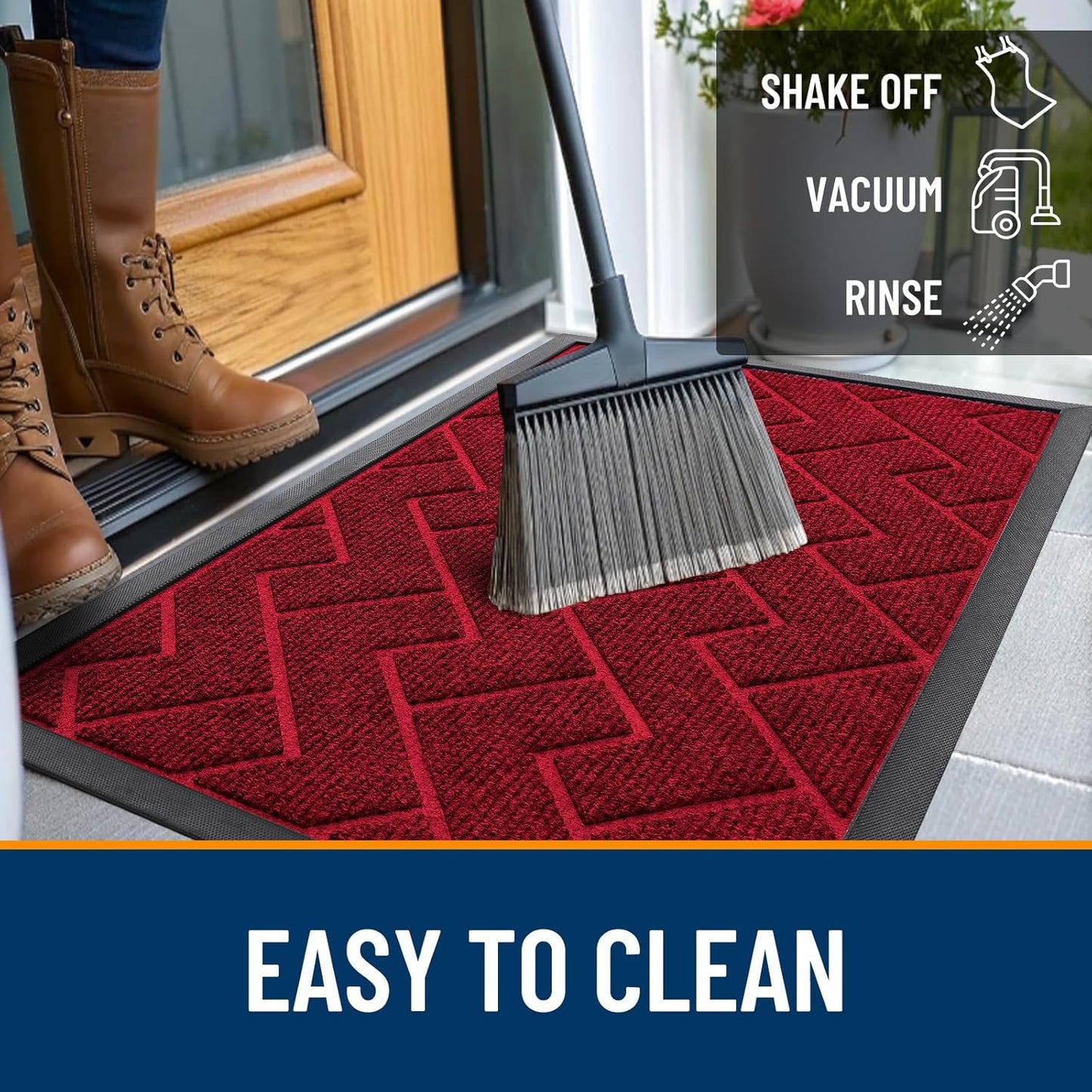 OLANLY Waterproof All-Season Front Door Mat - Sturdy Natural Rubber, Easy Clean Herringbone Design (Wine Red, 71x23)