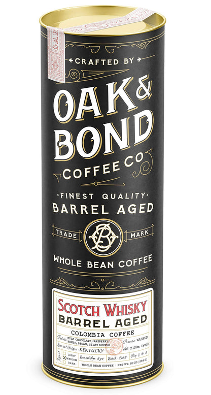 Scotch Whisky Barrel Aged Coffee, Colombia Single Origin Washed Whole Coffee Bean, Medium Roast w/Flavor Notes of Milk Chocolate, Raspberry, Honey, Silky Scotch by Oak & Bond Coffee Co. – 10oz.