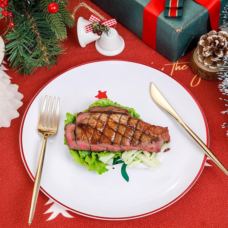 Disposable Christmas Plates 60-Pack - White with Red Rim, 10.25" Dinner + 7.5" Dessert Plates, Party Tableware
