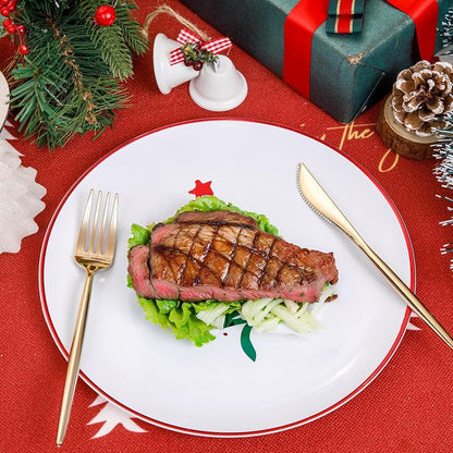 Disposable Christmas Plates 60-Pack - White with Red Rim, 10.25" Dinner + 7.5" Dessert Plates, Party Tableware