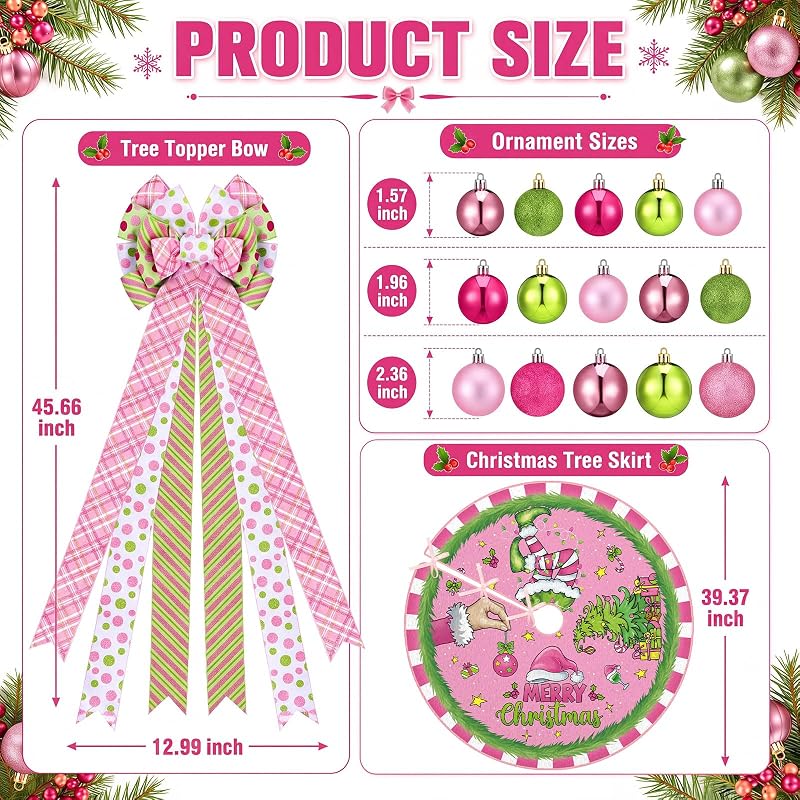 Gejoy 32 Pcs Pink & Lime Green Christmas Tree Decoration Set - Variation: Pink Green Christmas
