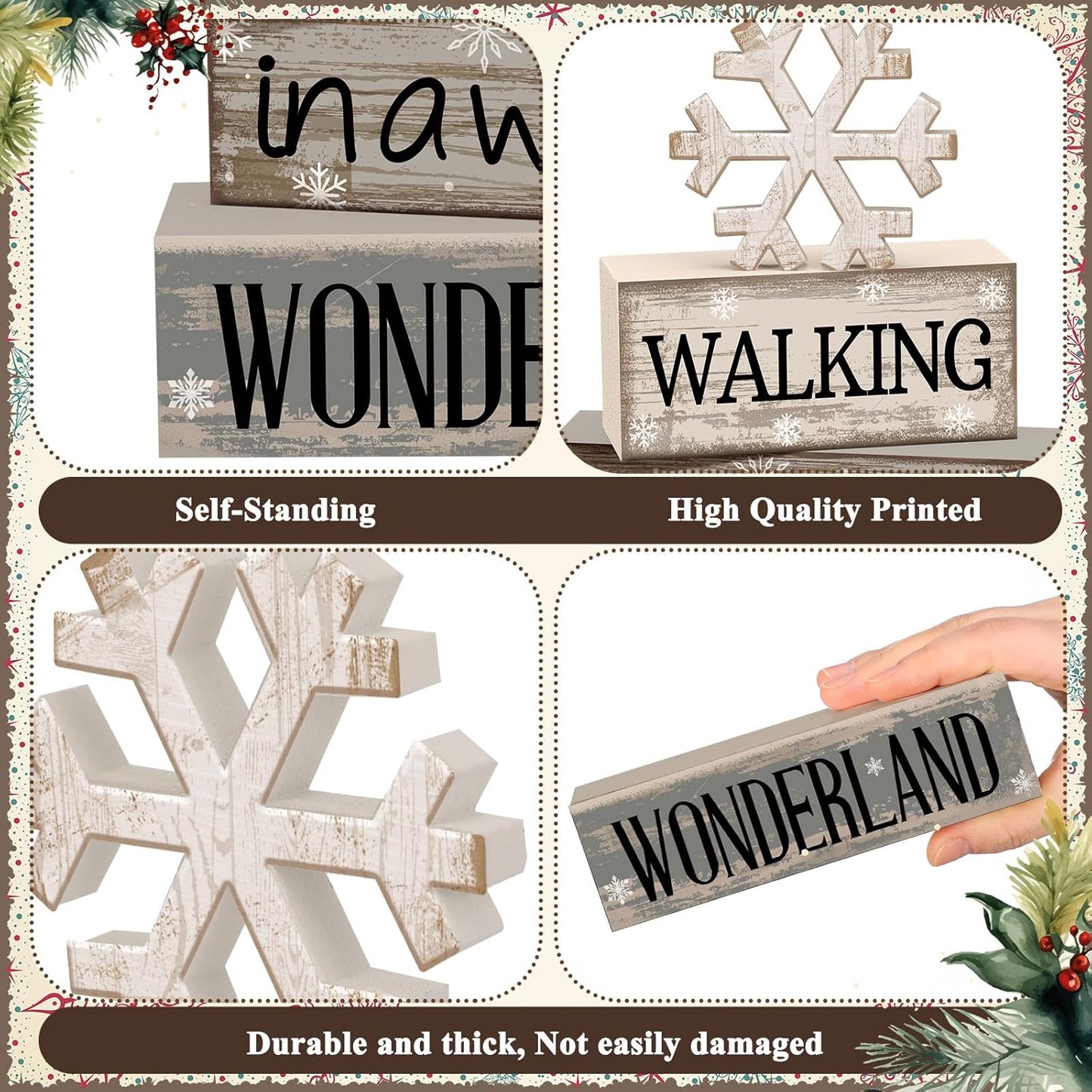 Moucuny Winter Table Decorations - 4 Pcs Wooden Snowflake Decor for Rustic Christmas Centerpiece
