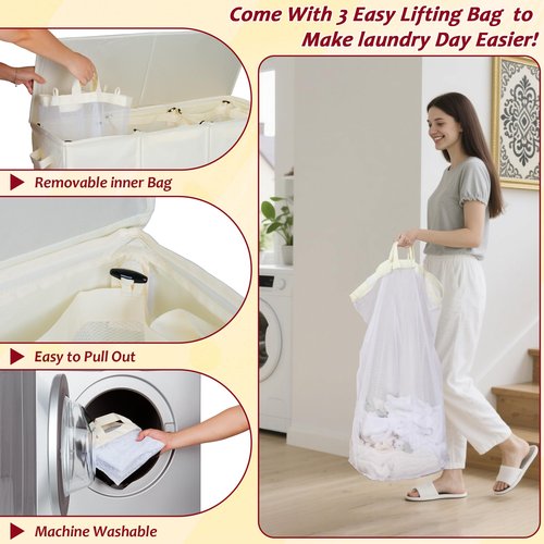 195L Laundry Hamper 3 Section,Large Laundry Hamper with Lid,Dirty Clothes Hamper with 3 Inner Bags,Collapsible Laundry Basket Organizer for Laundry Room,Bedroom,Laundry Sorter Hamper 3 Compartment