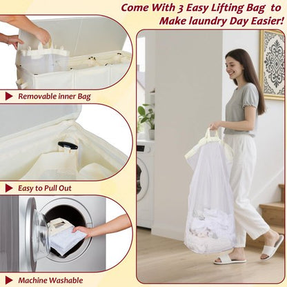 195L Laundry Hamper 3 Section,Large Laundry Hamper with Lid,Dirty Clothes Hamper with 3 Inner Bags,Collapsible Laundry Basket Organizer for Laundry Room,Bedroom,Laundry Sorter Hamper 3 Compartment