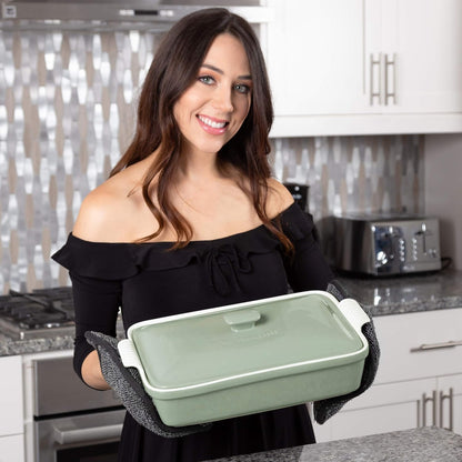 ROSSALLINI Stoneware Casserole Dish Set - Extra Large 4.23 Quart with Lid | 13x9 Inch in Verde Salvia (Sage Green)