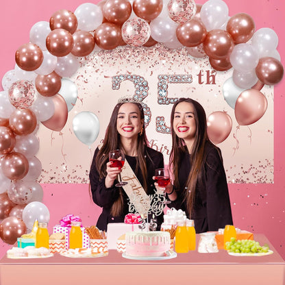 Trgowaul 35th Birthday Decorations Set - Rose Gold Balloon Arch, Banner & Tiara | Pink & Gold Theme