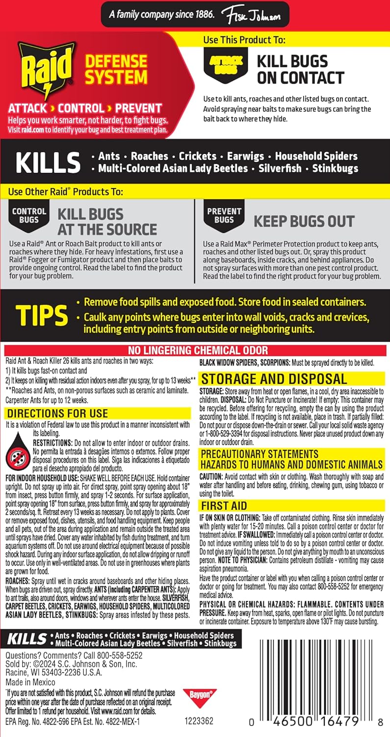 Raid Ant & Roach Killer Spray - Long-Lasting Lemon Scent Formula for Effective Bug Control | 17.5 oz