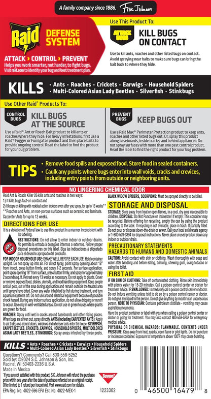 Raid Ant & Roach Killer Spray - Long-Lasting Lemon Scent Formula for Effective Bug Control | 17.5 oz
