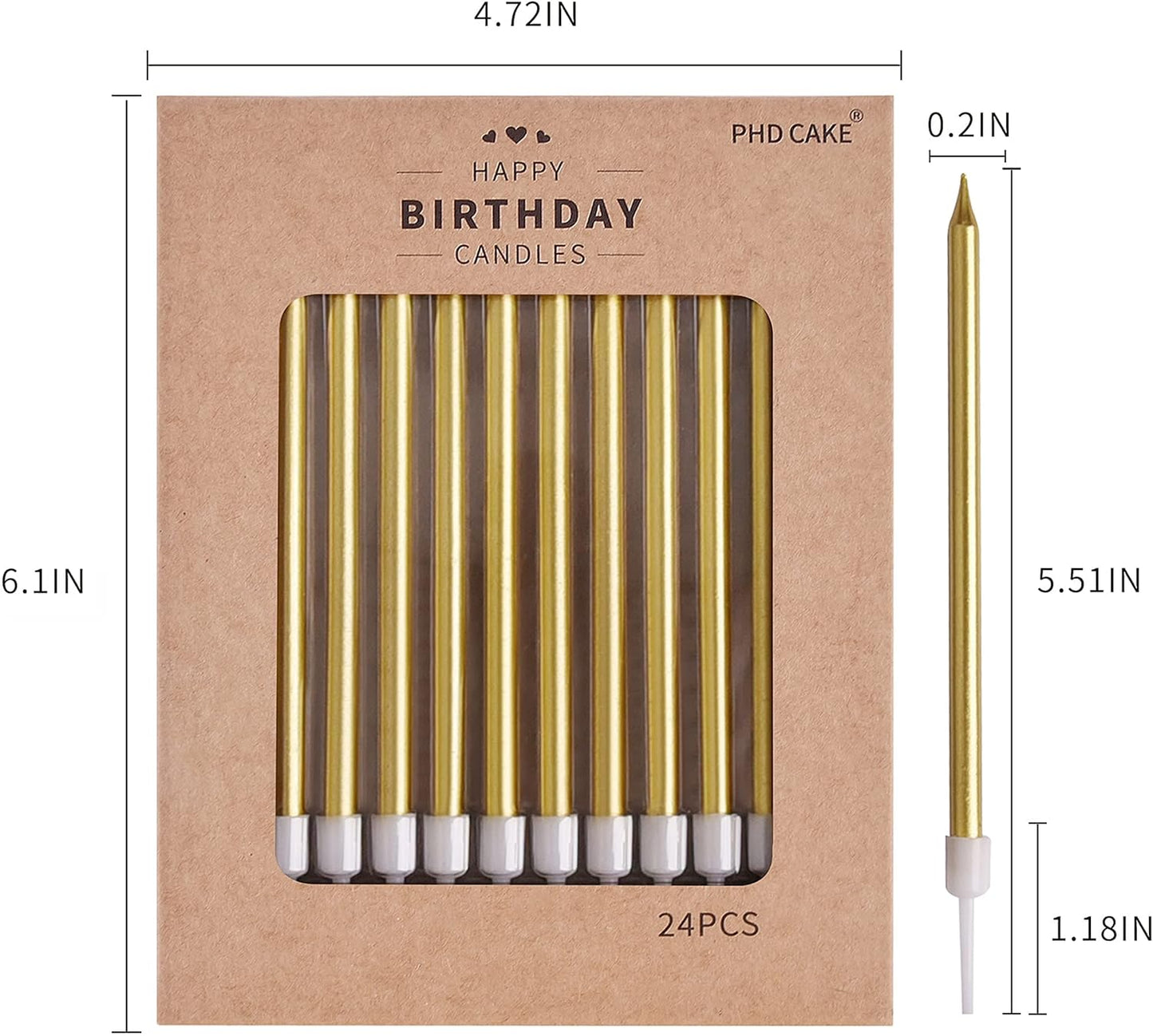 PHD CAKE Gold Long Thin Metallic Birthday Candles - Perfect for Parties & Weddings | Elegant Cake Decor