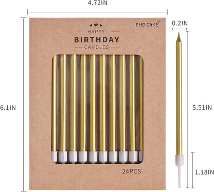 PHD CAKE Gold Long Thin Metallic Birthday Candles - Perfect for Parties & Weddings | Elegant Cake Decor