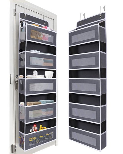 TIDY SAVANT Over The Door Organizer 44LB Capacity with 5 Large Pockets & 10 Mesh Side Pockets, Clear Window Anti-Tilt Hanging Storage for Nursery, Bathroom, Pantry - Dark Grey, 1 Pack