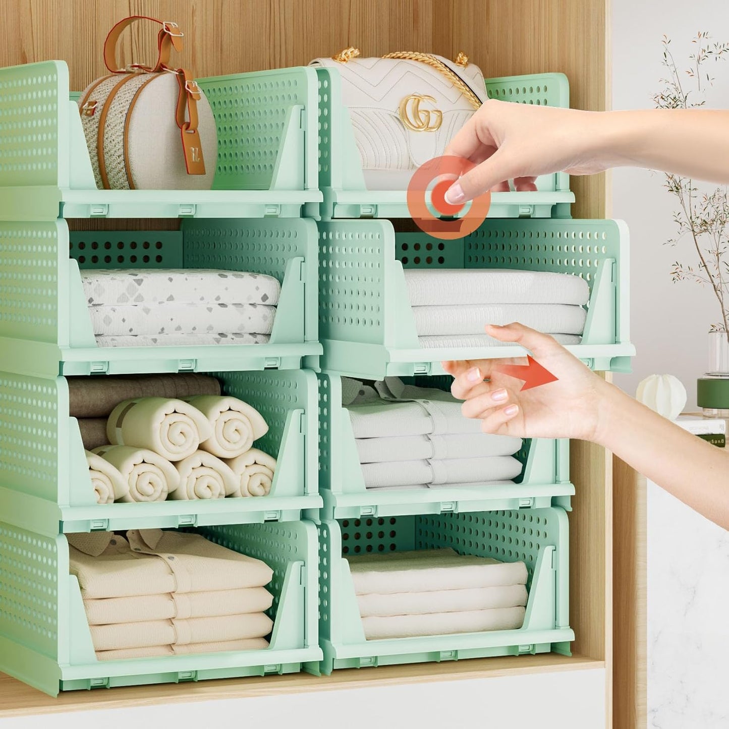 Stackable Plastic Storage Drawers - Closet Organizer Bins for Clothes | 5 Green Open Storage Bins