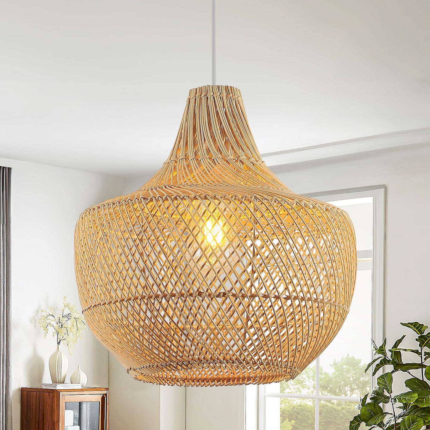 QianZhan Rattan Pendant Lights, 13.4" Hand-Woven Boho Lighting Fixture Wicker Weaving Chandelier Coastal Basket Hanging Ceiling Lamp for Kitchen Island Dining Room Restaurants Bedroom Hallway