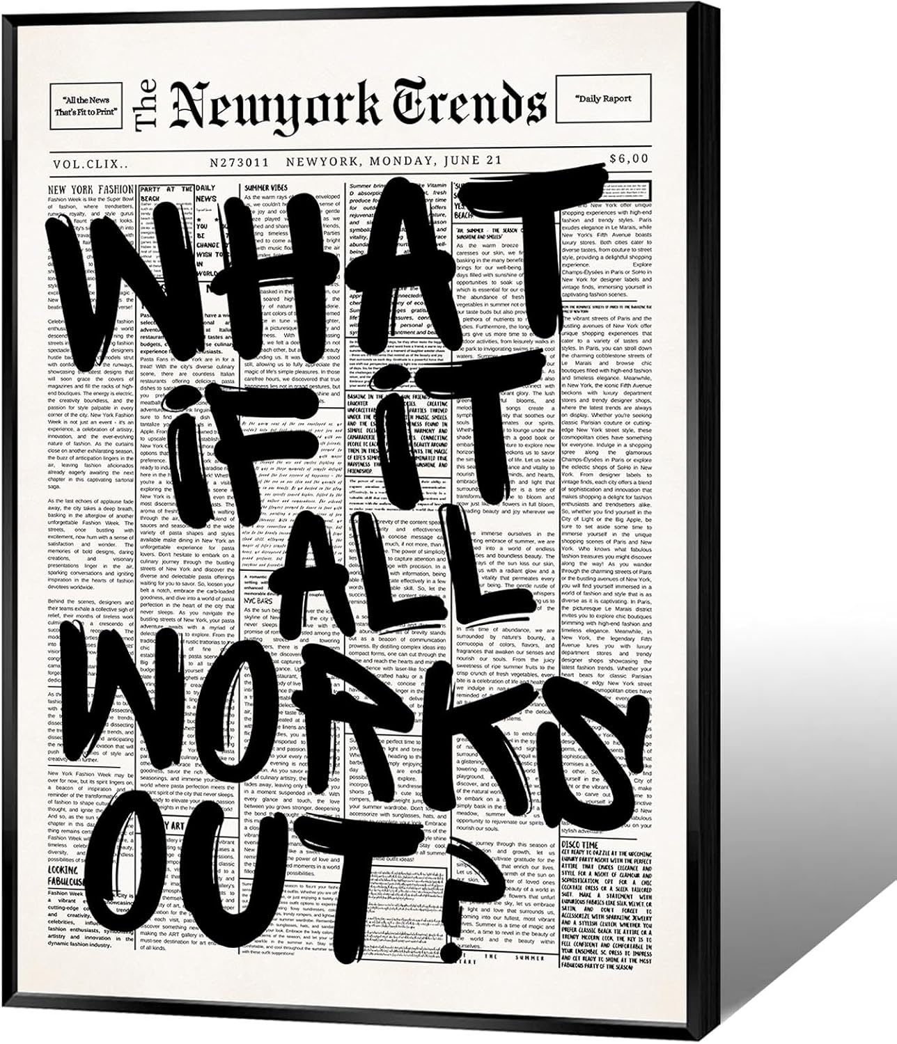 Skiennix Retro Black And White New York Newspaper Canvas Poster - Positive Affirmation Wall Art | 8x12in