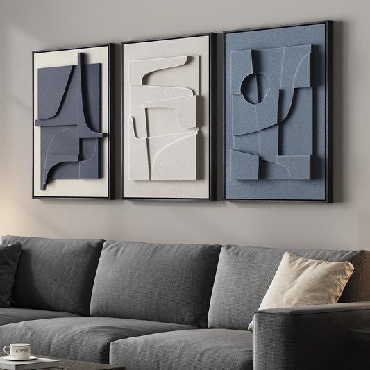 3D Textured Framed Blue and White Abstract Wall Art - Modern 3-Piece Geometric Artwork | 16x24 In for Living Room, Bedroom, Office