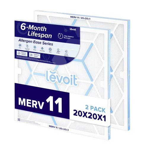 LEVOIT 20x20x1 Air Filter MERV 11, 6-Month Pleated Furnace Filters for Home AC HVAC, High-Efficiency Allergen Defense for Pet, Dust and Smoke, 2 Pack (Actual Size 19.69×19.69×0.79 inches)