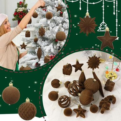 Regine Switzerland 50 Pcs Brown Velvet Christmas Balls - Flocked Hanging Ornaments for Holiday Decor