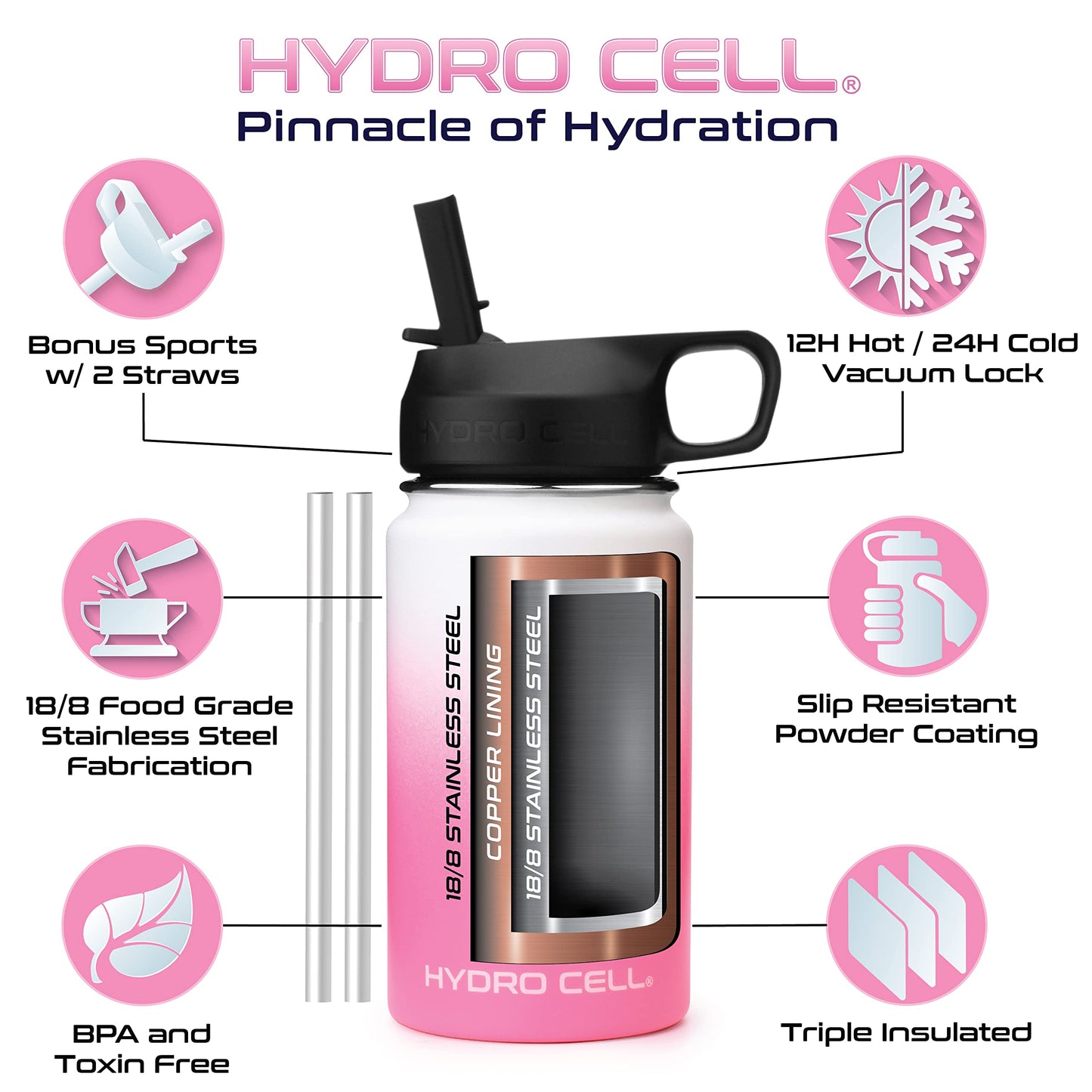 HYDRO CELL Stainless Steel Insulated Water Bottle with Straw - For Cold & Hot Drinks - Metal Vacuum Flask with Screw Cap and Modern Leakproof Sport Thermos for Kids & Adults (White/Pink 14oz)