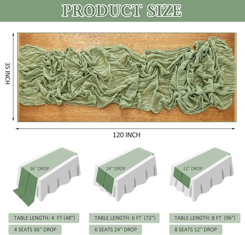 Cheesecloth Table Runner - 10 Ft Boho Rustic Sheer Gauze for Centerpiece Decor | Sage Green