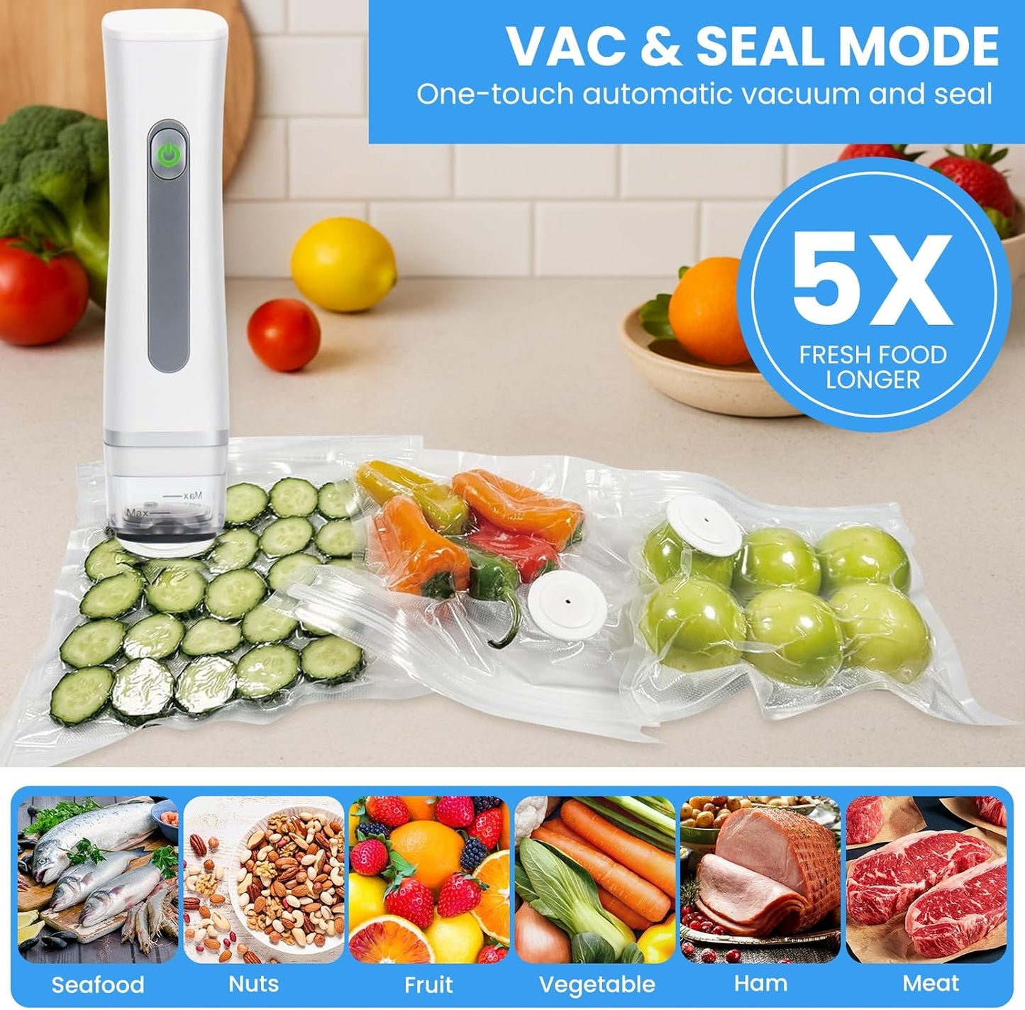 Skiennix Compact Vacuum Sealer - Handheld Design with Visible Water Tank & 30 Reusable Bags | White