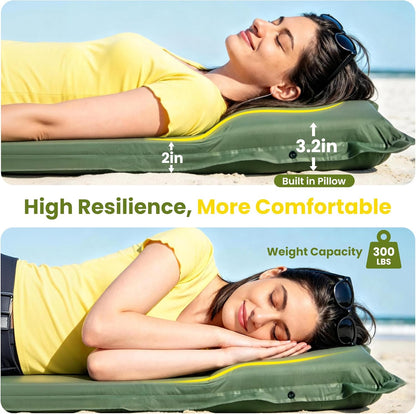 Skiennix Camping Sleeping Pad - Inflatable Memory Foam Mattress with Built-In Foot Pump | Green, 4 Season